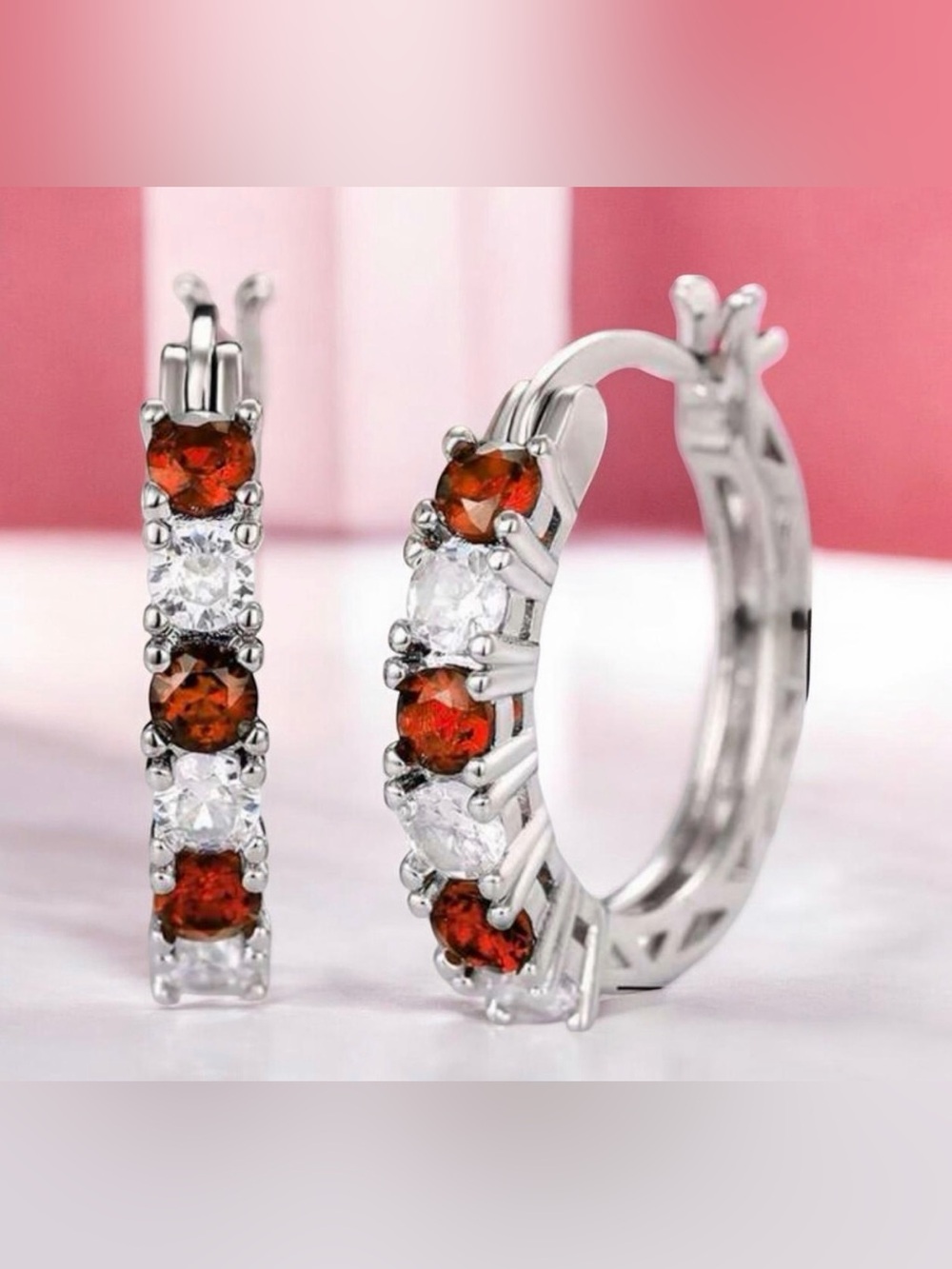 Sterling Silver Red & White Gemstone Hoop Earrings